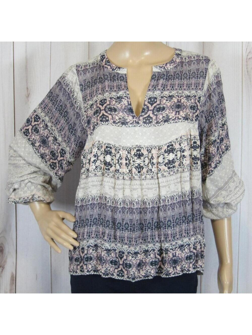 Lucky Brand NWT Border Print Boho Peasant Blouse XS Tunic V-Neck Long Sleeve NEW